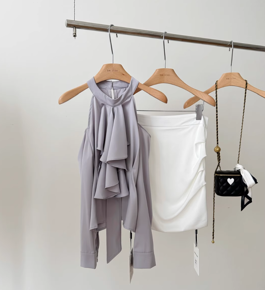 Waist-length irregular off-shoulder halter neck satin shirt dress R2098