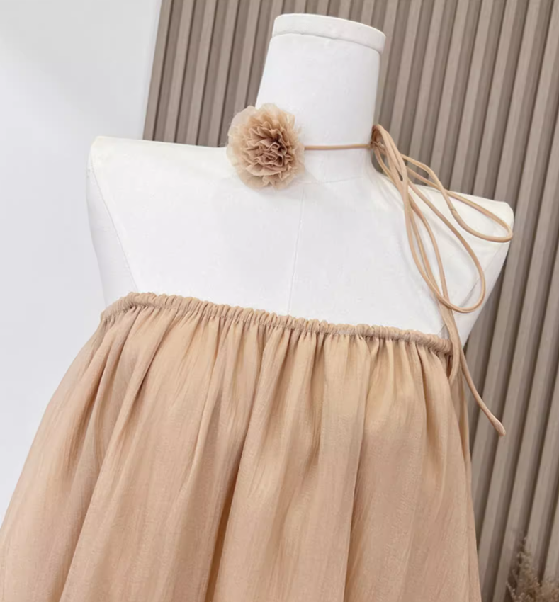 2025 Spring new shoulder pure flower bud skirt high-quality texture cover meat slimming dress R0292