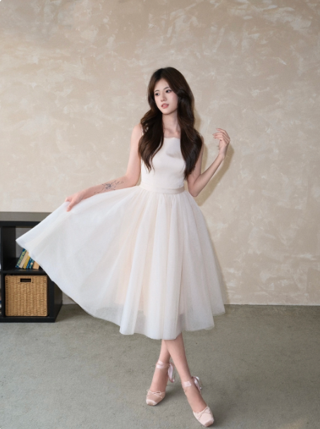 Minimalist White A-Line Square Midi Women Dress with Tulle Skirt Birthday Dress Evening Dress RS070