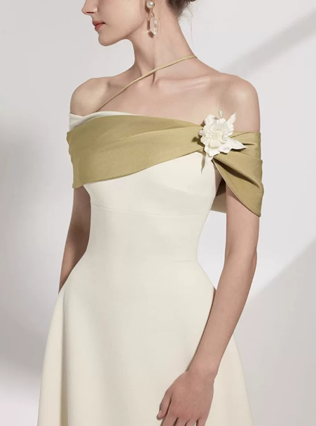 Minimalist Light Ivory A-Line Bateau Long Women Dress with Color Blocking Professional Dress Evening Dress RS077