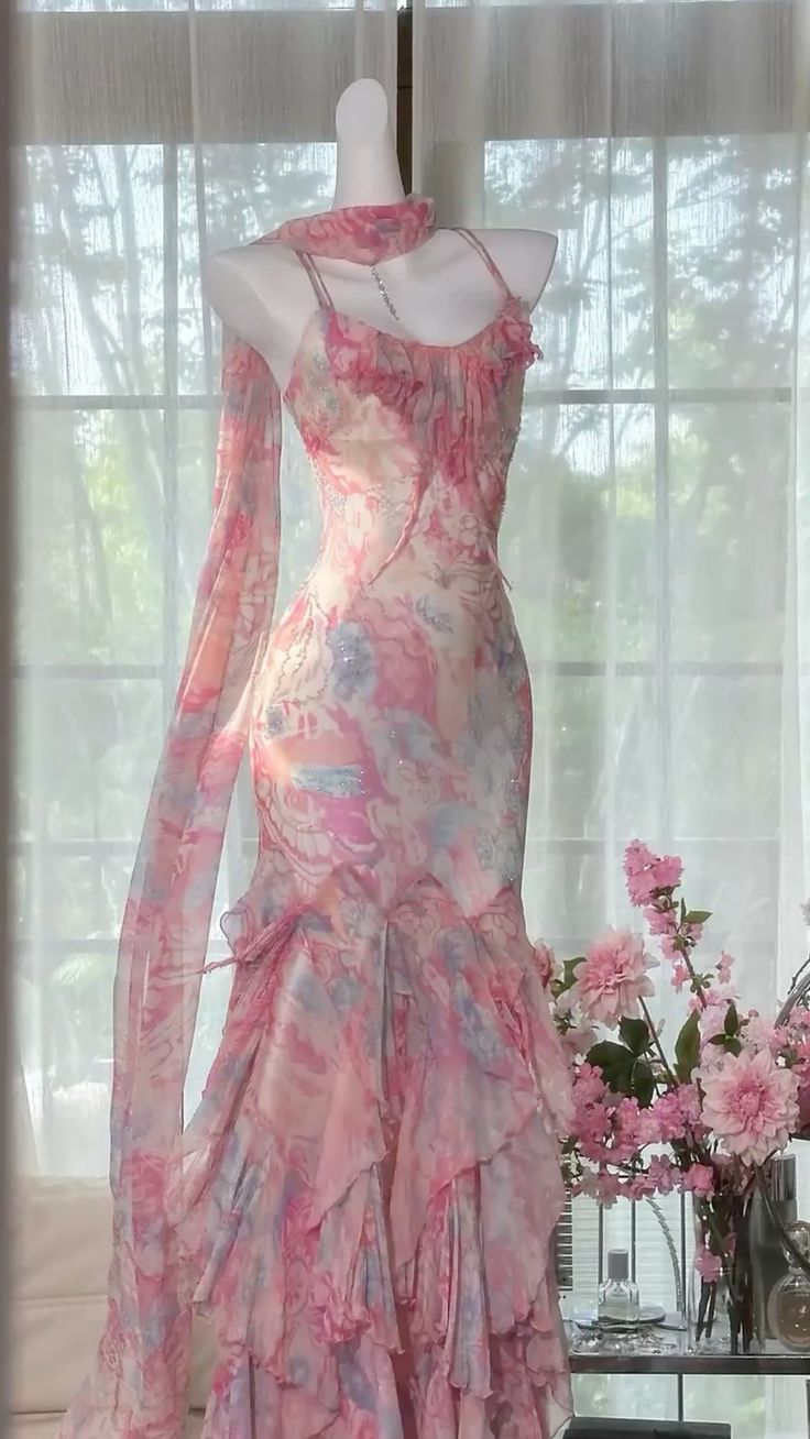 Pink floral suspender waist slim hip dress, prom dress R5290