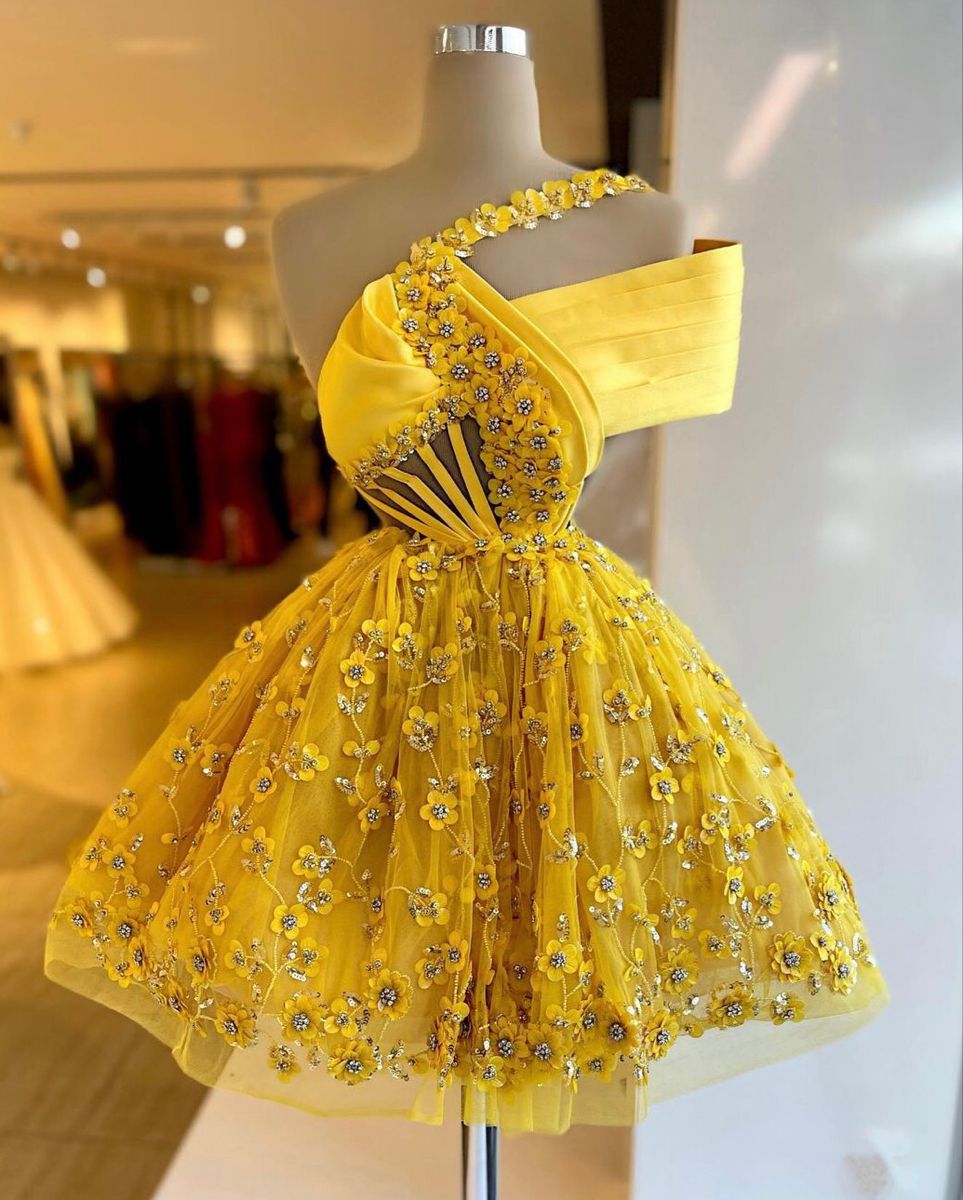 Yellow asymmetrical neckline floral waist slim short skirt homecoming dress R4120