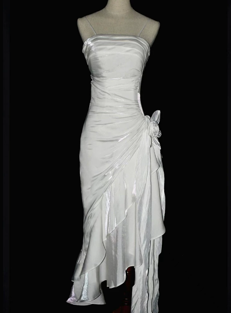 Elegant Lavender Sheath Spaghetti Straps Midi Women Dress with Draped Prom Dress Evening Dress RS089