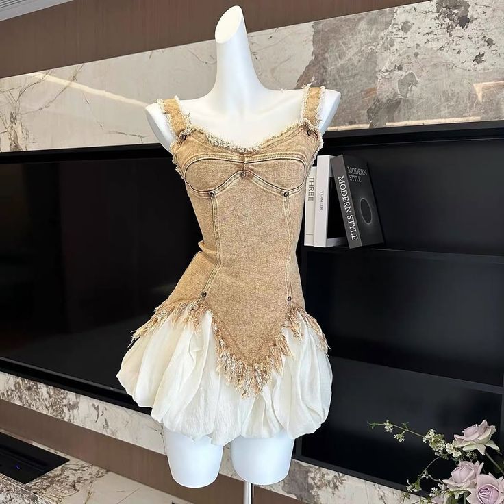 Khaki denim suspenders waist slim fit white bud skirt short skirt homecoming dress R3919