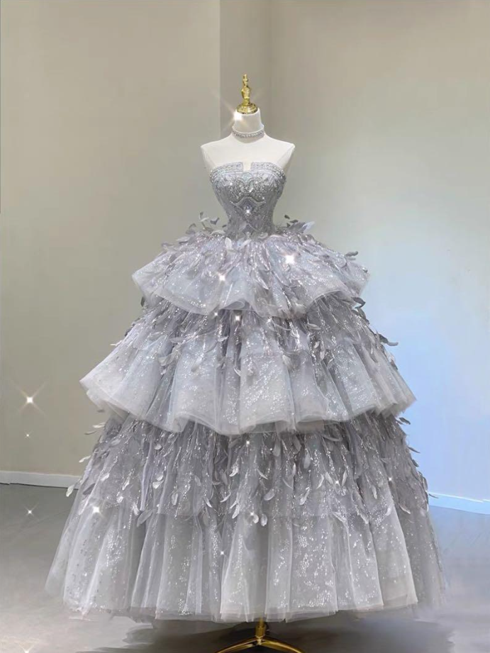 A Line Ball Gown Tulle Long Prom Dress Evening Dresses S7109