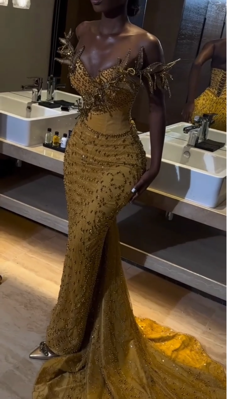 Gold Mermaid Off Shoulder Beaded Long Prom Dress Evening Formal Dress S7090