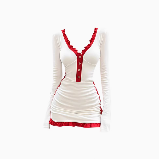 Design sense V-neck ruffled contrast color long-sleeved dress 2025 waist hip skirt R1244