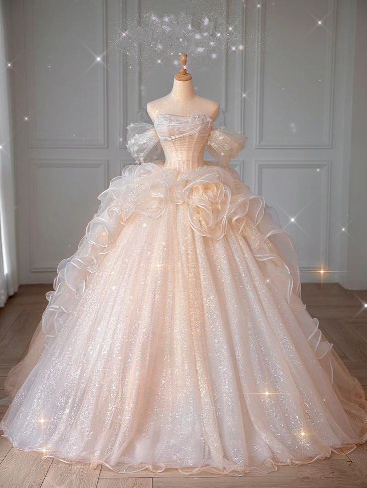 A line Pink Tulle Ball Gown Off Shoulder Long Prom Dresses Evening Dress S6657