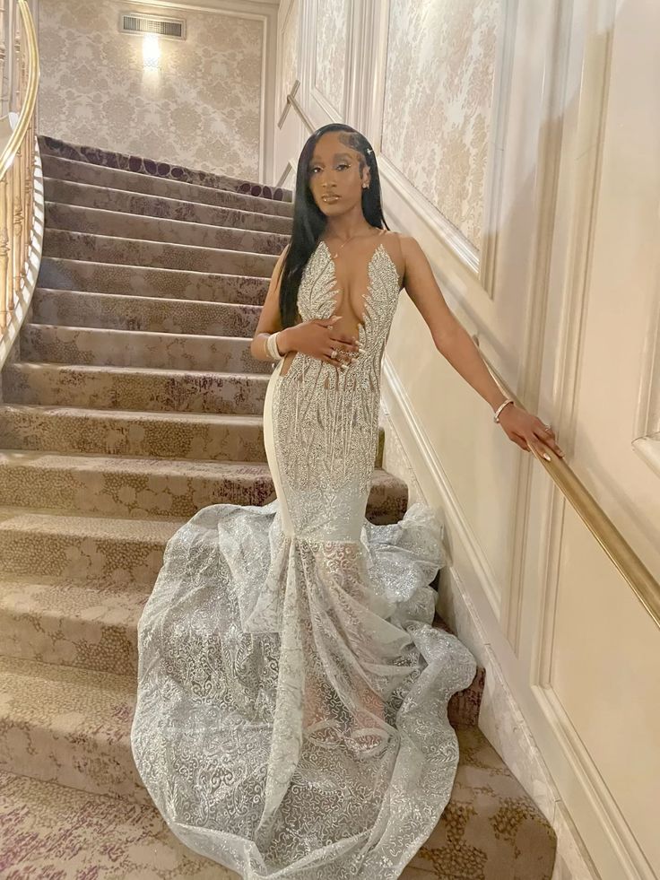 Silver Formal Dresses for Black Girl, Mermaid Long Prom Dress Evening Gown S6761