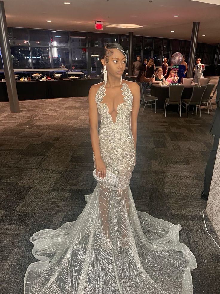 Silver Beaded Formal Dresses for Black Girl, Mermaid Long Prom Dress Evening Gown S6762