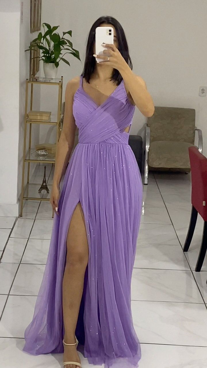 V Neck A Line Straps Lilac Long Party Dress Evening Gown With Slit S6732