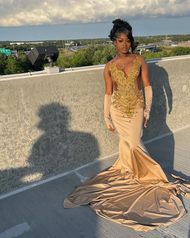 Gold Beaded Formal Dresses for Black Girl, Mermaid Long Prom Dress Evening Gown S6767