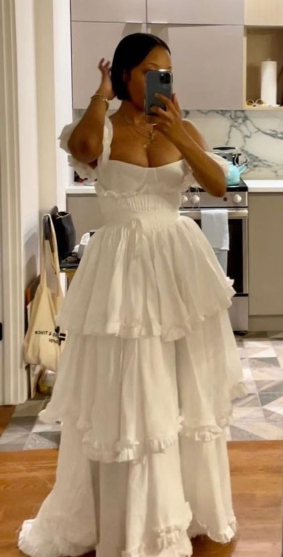 Sexy A line Straps Ruffles Floor Length Chiffon White Prom Dress S6740