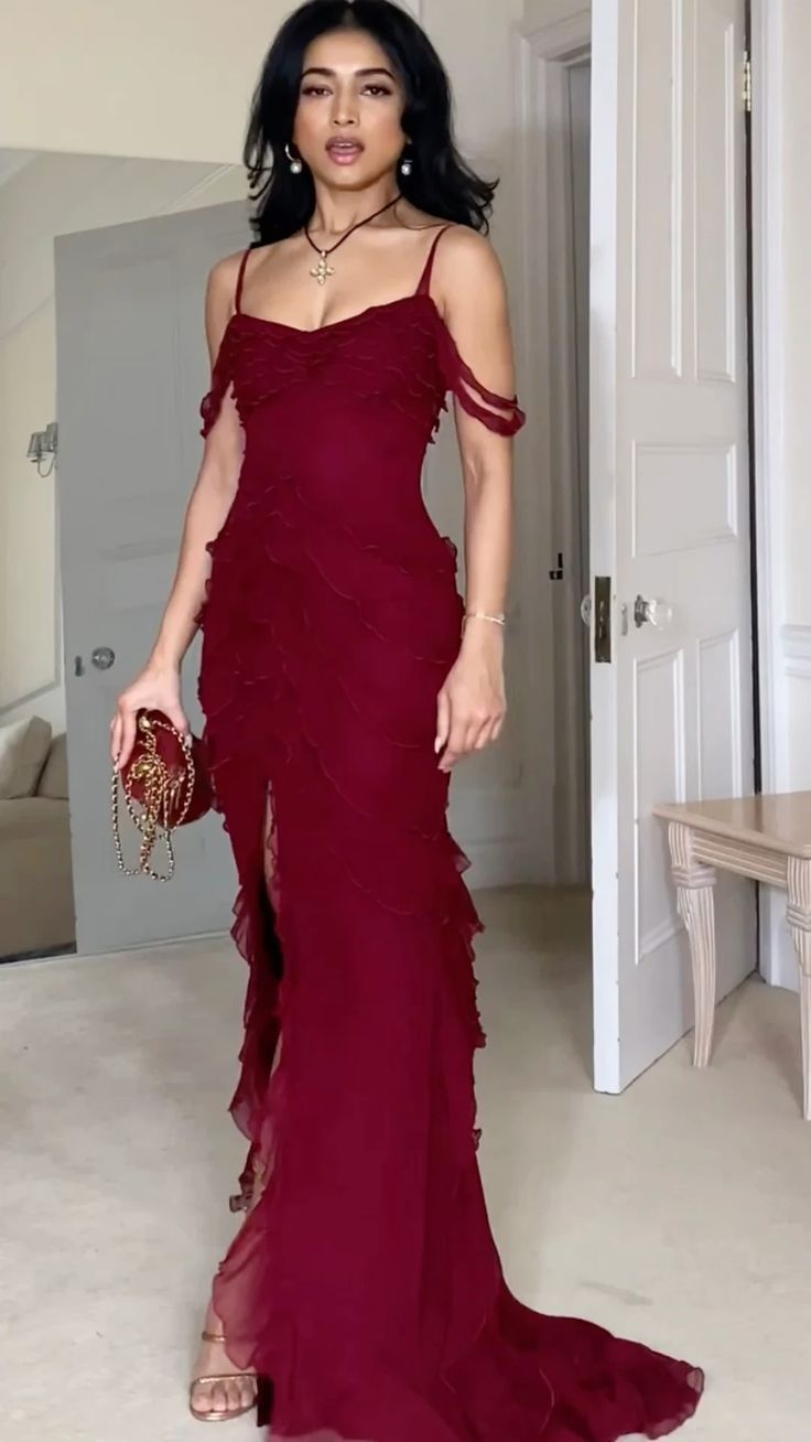 Wine Red Off Shoulder Straps Multi-layered Ruffles Long Prom Dress S6786