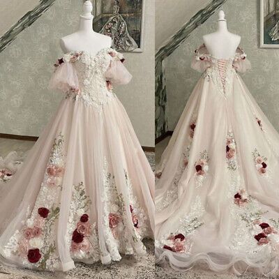 Vintage 3D Florals Wedding Dresses Half Sleeves Light Pink Lace Bridal Gowns S6641