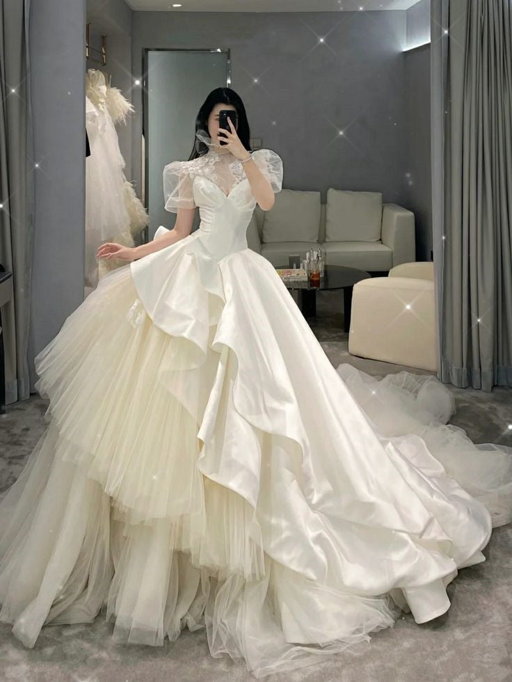 A Line Tulle Wedding Dresses Puff Sleeves Long Bridal Gowns S6649