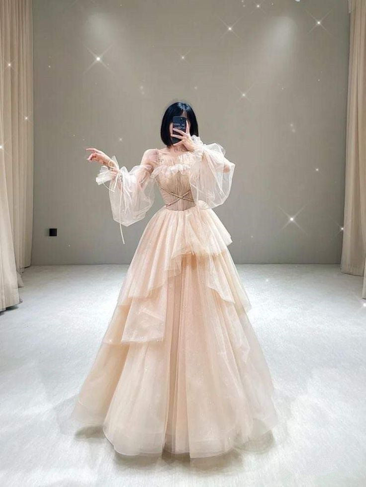 Champagne Tulle A-Line Elegant Long Party Dress Evening Dress S6631