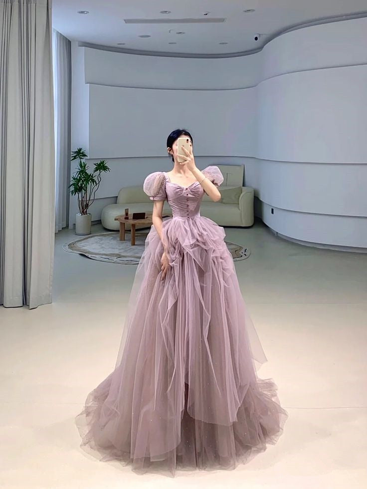 A-Line Puff Sleeves Elegant Long Party Dress Evening Dress S6635