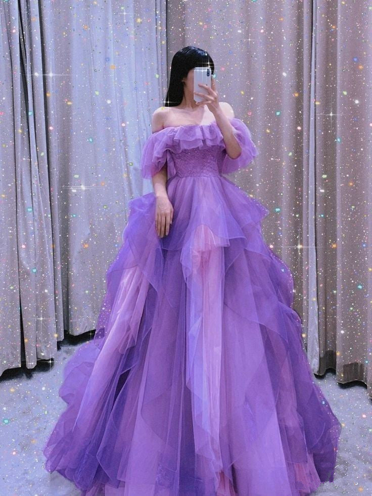 Purple Tulle A-Line Off Shoulder Elegant Long Party Dress Evening Dress S6634