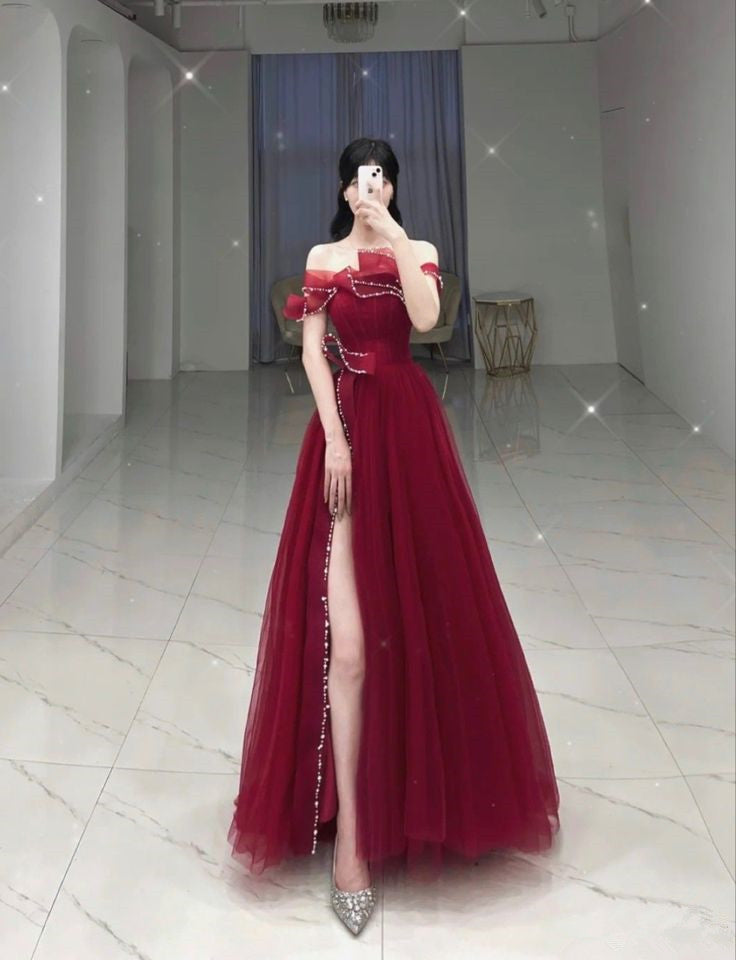 A-Line Off Shoulder Burgundy Tulle Elegant Long Party Dress Evening Dress S6636