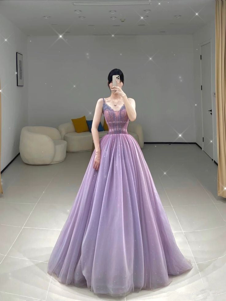 A-Line Lilac Tulle Elegant Long Party Dress Evening Dress S6638