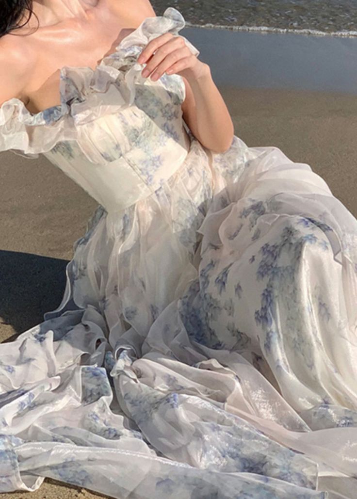 Fashion Ruffled Print Chiffon Long Dresses S6642