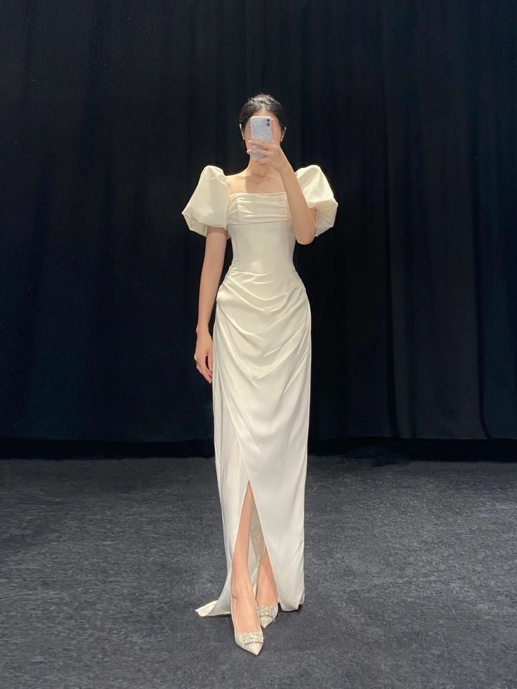 White Long Evening Dress Party Dress Prom Dress With Slit S6696