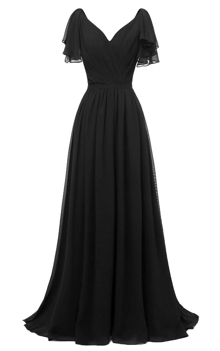 Ruffle Sleeves Bridesmaid Dress V-neck Chiffon Long Formal Wedding Evening Gowns S2902