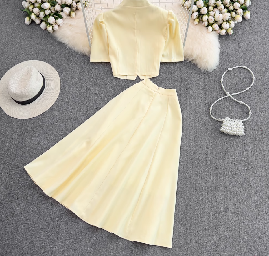 Fashion suit Stand collar single breasted puff sleeve short top two piece set high waist skirt R0327