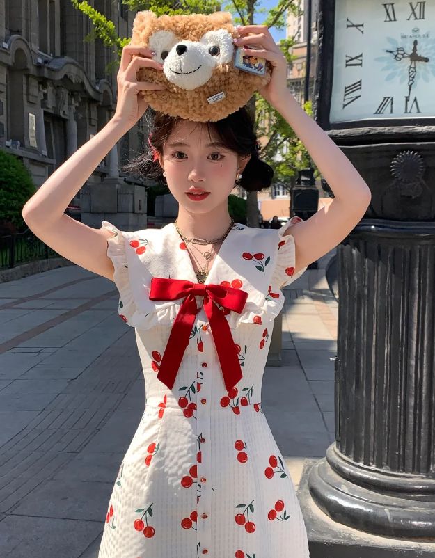 White baby doll collar cute style cherry print waist slim fit short skirt homecoming dress R4043