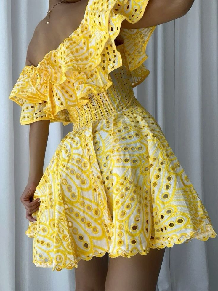 Yellow one-shoulder waist sexy A-line short skirt homecoming dress R3195