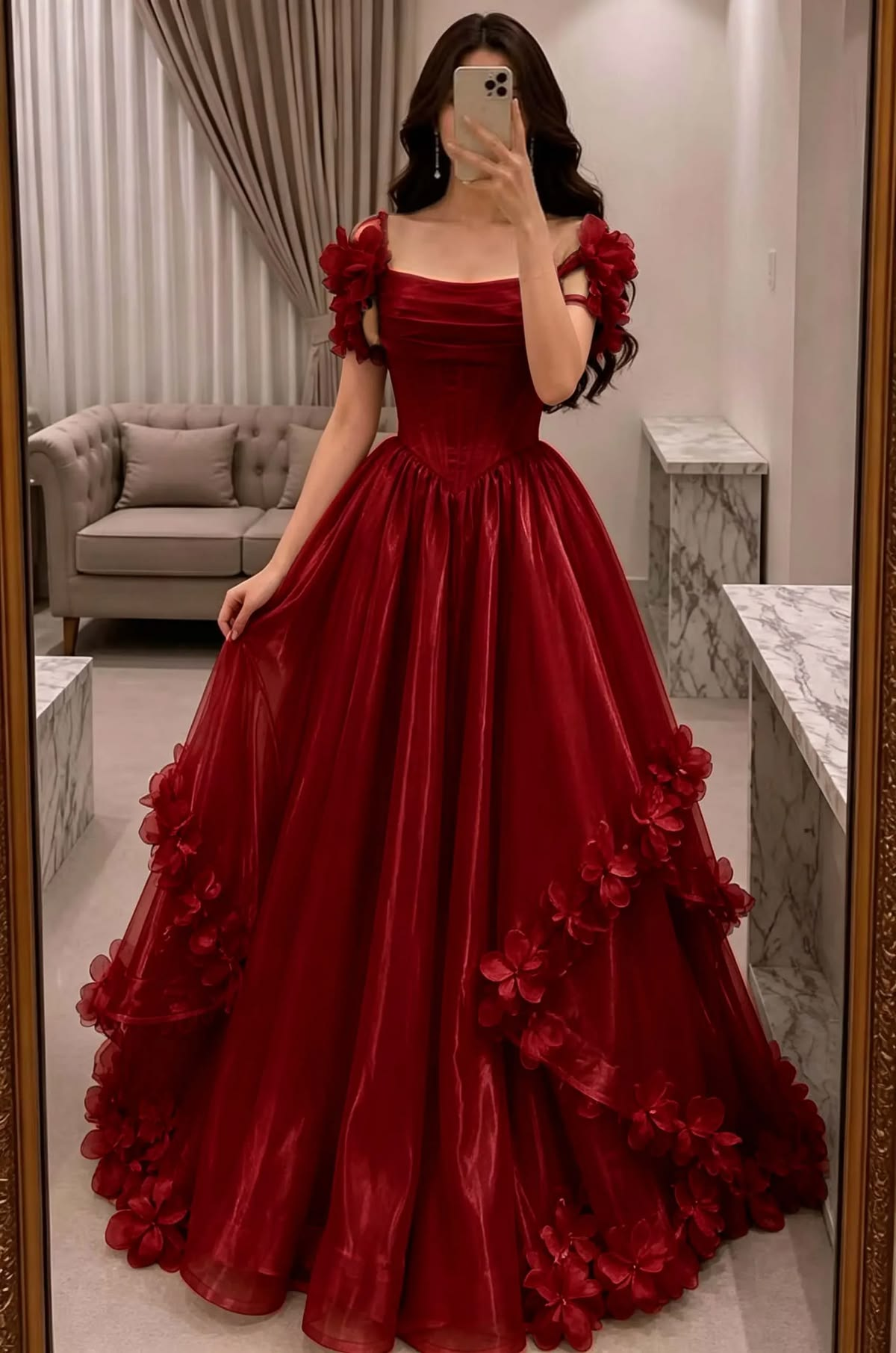 Hazy 3D Floral Silky Women's Prom Gown Burgundy Corset Maxi Evening Dress Birthday Dress — Fall Outfit 2026 New RS3191