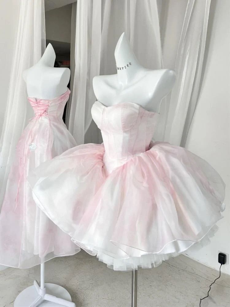Light pink tube top waist puffy princess dress homecoming dress R3542