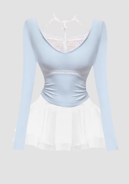 Pure desire style lace pleated waist top 2025 sweet and spicy puffy skirt suit R1381