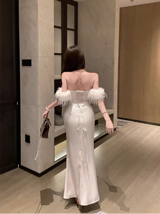 White one-shoulder dress 2025 sexy tube top hip slit banquet evening dress skirt R1528
