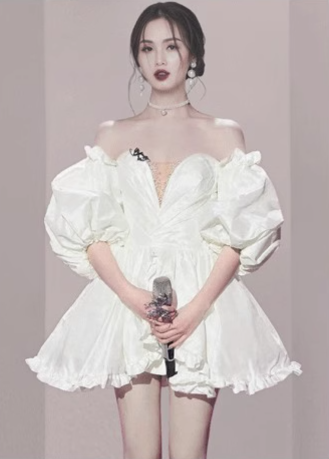 French retro one shoulder white V-neck studded bubble sleeve dress, fluffy dress, homecoming dress R2985