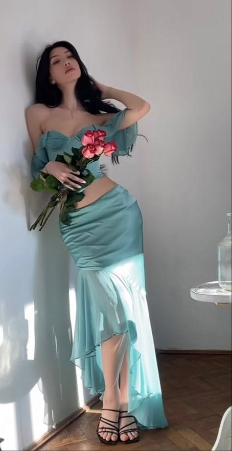 Silky Chiffon Flowy Prom Gown Mint Green Women's Maxi Birthday Dress Casual Dress RS2996