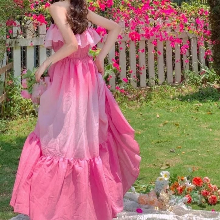 Vibrant Flowy Chiffon Women's Prom Gown Barbie Pink Corset Maxi Evening Dress Birthday Dress — Fall Outfit 2026 New RS3154