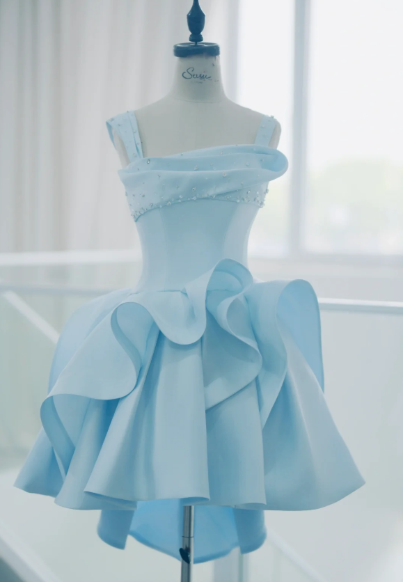 Light blue suspender waist three-dimensional skirt design layered princess skirt homecoming dress R4183