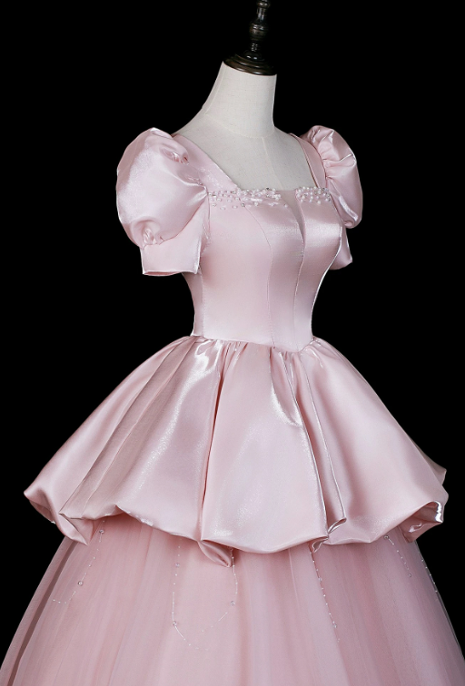 Elegant Pink A-Line Square Tulle Tem Corset Maxi Prom Dress Evening Dress RS404