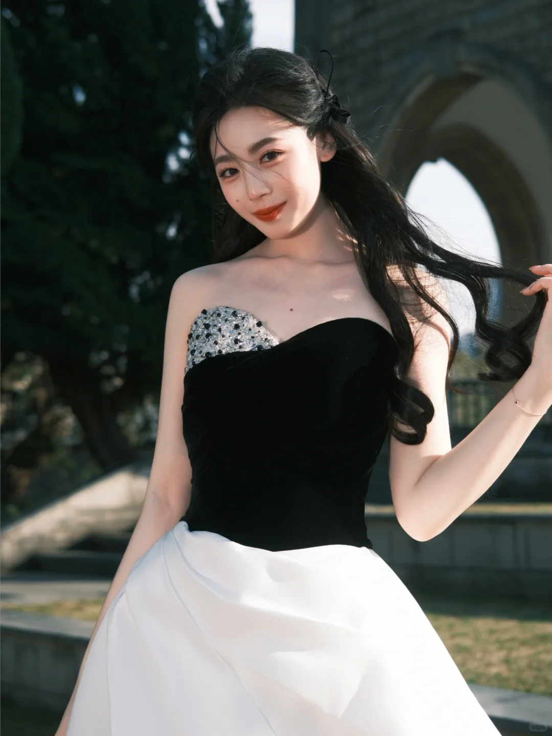 Black top asymmetrical tube top design white bud skirt short skirt homecoming dress R4192