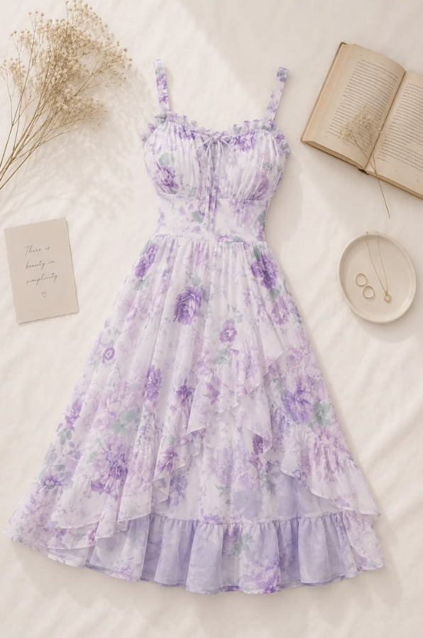 Pretty Lavender Floral Prom Dress ,A-Line Spaghetti Straps Chiffon Corset Maxi Summer Dress Cami Dress RS1147