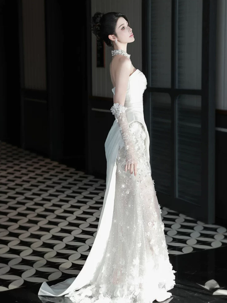 Gorgeous White Mermaid Strapless Applique Bodycon Maxi Wedding Dress RS1161