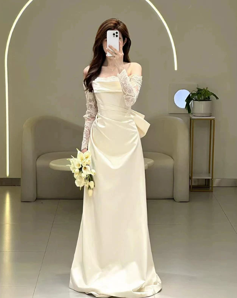 French Chic White Silky A-Line Strapless Satin Corset Maxi Wedding Dress RS1177