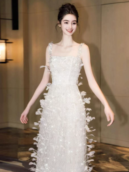 White Elegant Prom Dress ,A-Line Spaghetti Straps Feather Decor Corset Maxi Evening Dress RS1186