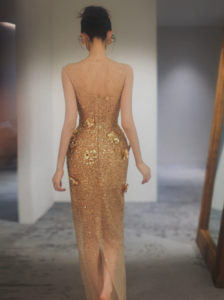 Golden Gorgeous Prom Dress ,Sheath Sheer Straps Applique Glitter Corset Maxi Evening Dress RS1187