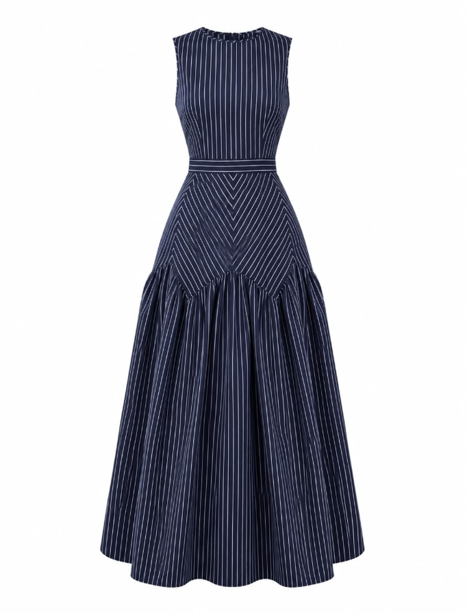 Minimalist Navy Prom Dress ,A-Line High Collar Striped Corset Maxi Evening Dress RS1203