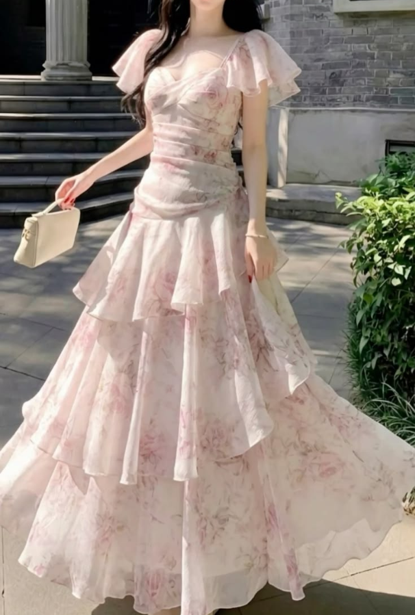 Sweet Blush Pink Floral Prom Dress ,Frilled Bodycon Maxi Birthday Dress RS1208