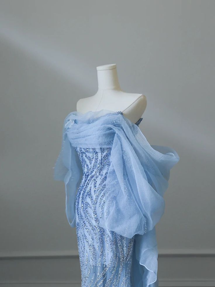 Elegant Pale Blue Mermaid Strapless Long Women Dress with Beading Prom Dress Evening Dress RS102