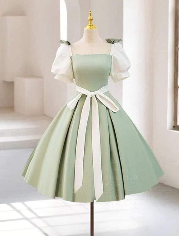 Minimalist Green Homecoming Dress ,Puff Sleeves Cute Short Prom Dress RS1225